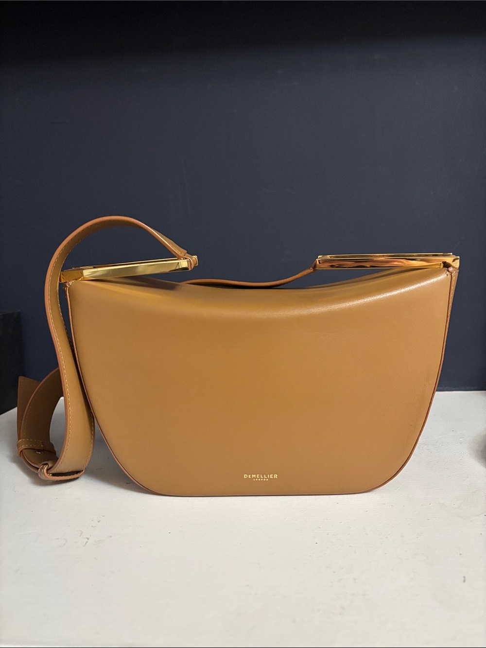 DeMellier Camel/Tan Crescent Shoulder Bag with Gold Hardware